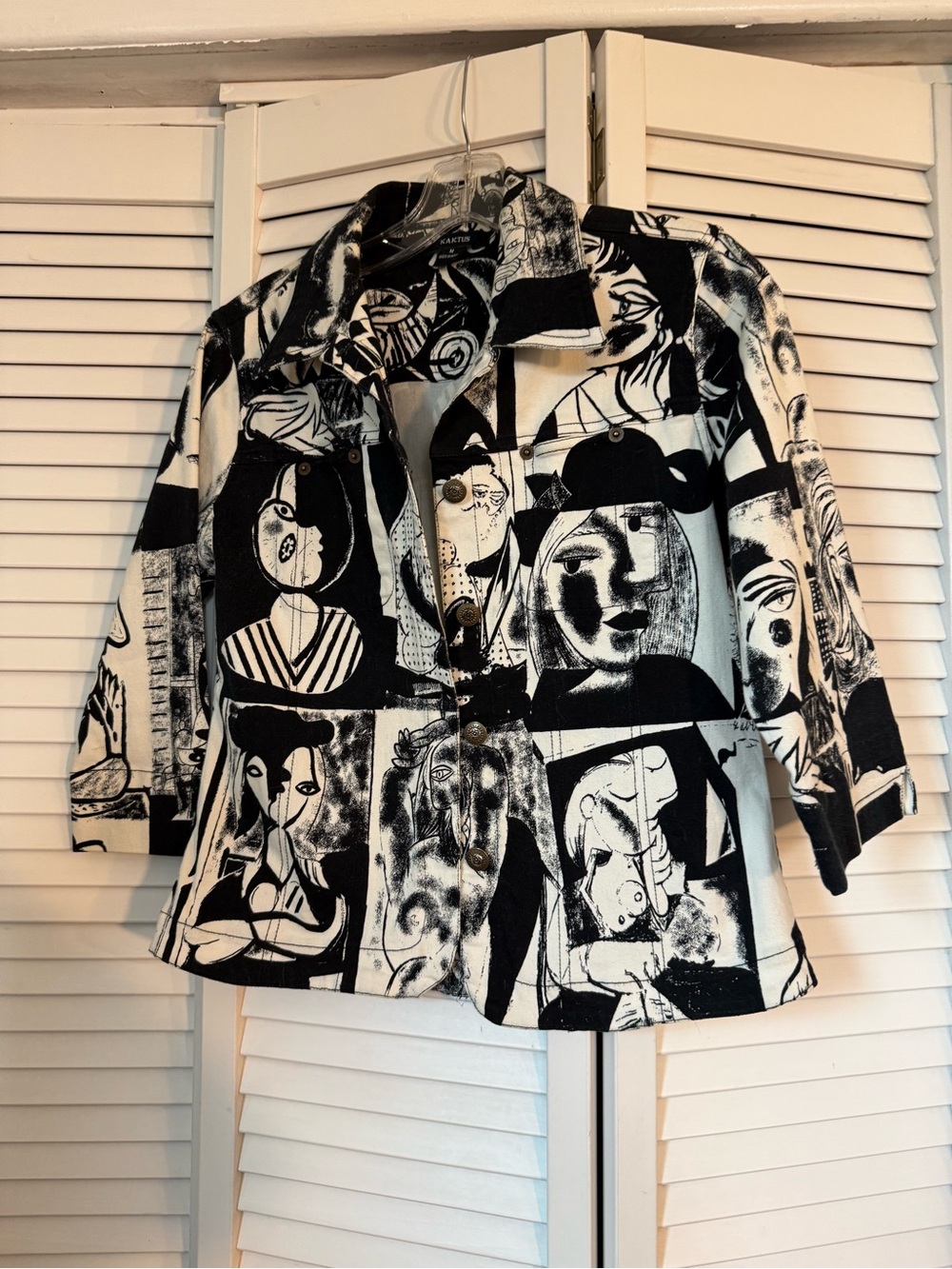 Kaktus Black & White Cubist Art Print Jacket Picasso-Inspired 3/4 Sleeve M